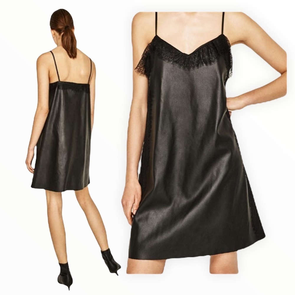 Zara Vegan Leather Strappy Mini Sheath Dress Lace